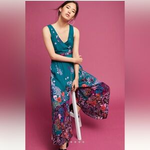 Anthropologie Maeve Teal Floral Andalusia Jumpsuit Size 4
